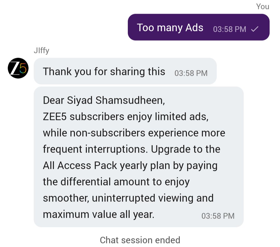 siyads219's tweet photo. @ZEE5India ZEE5's response was that the ₹799 subscription includes "limited ads" and that I should upgrade to a more expensive All Access plan for uninterrupted viewing. This should have been clearly disclosed before users paid for the World Cup pack. Transparency matters. @ZEE5India #ZEE5 https://t.co/bayqc77TGc