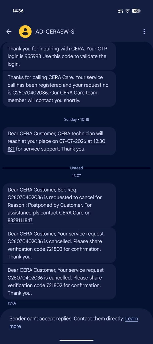 DocPatya's tweet photo. SR# C26070402036 dated 04/7/2026 not yet resolved. Received SMS today it's canceled, but no such request from my side.
SR# C26061801358 on 18/6/2026 awas also attended to after 5-6 days.
Please DM for personal details. https://t.co/iBRzXSat8D