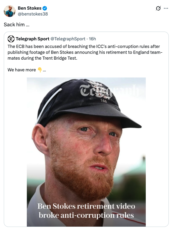 TheBarmyArmy's tweet photo. The ICC have contacted the ECB over a potential rule breach linked to Ben Stokes' retirement announcement...

Here's Stokesy's reaction 👀😂 https://t.co/RgLqhlvDZk