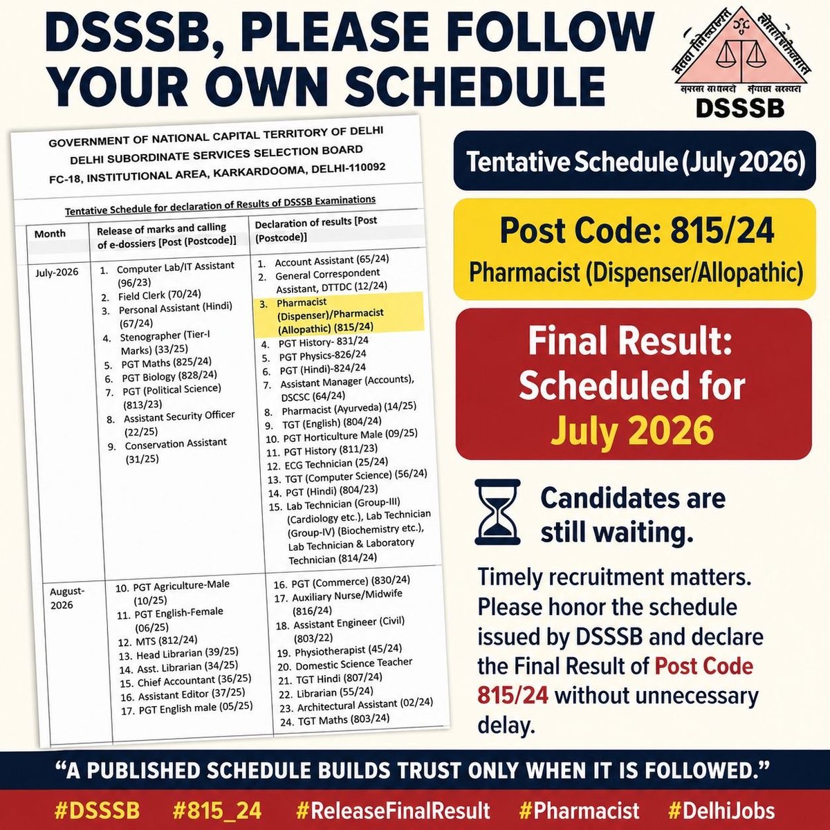 Nikhilpathania4's tweet photo. Dear @dsssbofficial  you released a tentative schedule stating that the final result for Pharmacist (Dispenser/Allopathic) Post Code 815/24 will be declared in July 2026. Kindly adhere to your own timeline and release the final result without delay.
@dsssbofficial @LtGovDelhi https://t.co/LnjuNIkiHJ