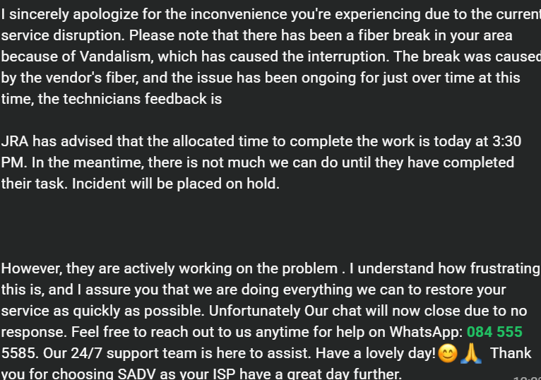 leralwe2's tweet photo. @VoxTelecom @Vumatel, this is unacceptable.
This morning we were advised that service would be restored before 1:00 PM, and it is now 3:30 PM with no network connectivity. Could you please provide an update on the outage and the expected resolution? Additionally, will customers be reimbursed https://t.co/7wf4r6NKm4