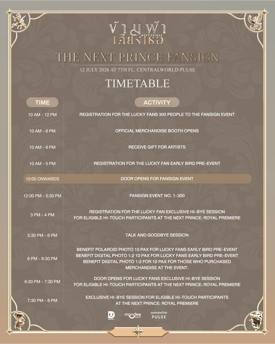 TheNextPrinceTH's tweet photo. The Next Prince Fansign

- DIRECTORY BOARD
- SEATING PLAN
- TIMETABLE

🗓️ : 12.07.2026
⏰ : 10.00 น. | 10.00 AM (GMT+7)
📍 : 7th Fl. centralwOrld PULSE

รายชื่อผู้โชคดี 300 ท่าน : https://t.co/0g2BGfGpy1

#ข้ามฟ้าเคียงเธอSeries
#TheNextPrince 
#MandeeWork https://t.co/VkraGAzTOx