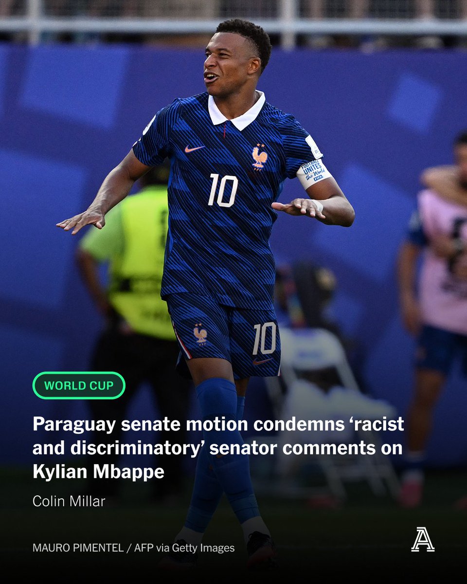 TheAthleticFC's tweet photo. The Paraguayan Senate on Wednesday condemned “the discriminatory and racist expressions” of senator Celeste Amarilla against Kylian Mbappe.

The 61-year-old lawyer had called the France striker a “colonised Cameroonian” following the World Cup last-16 match between the two nations on Saturday.

On Wednesday, Paraguay’s Senate deliberated for five hours on the motion, which is passed by majority vote, in which it expressed its “absolute rejection” of all forms of racism and discrimination and stressed that Amarilla’s statements do not represent the position of the chamber.

More from @Millar_Colin 

🔗 https://t.co/uzZ2MHYeT8