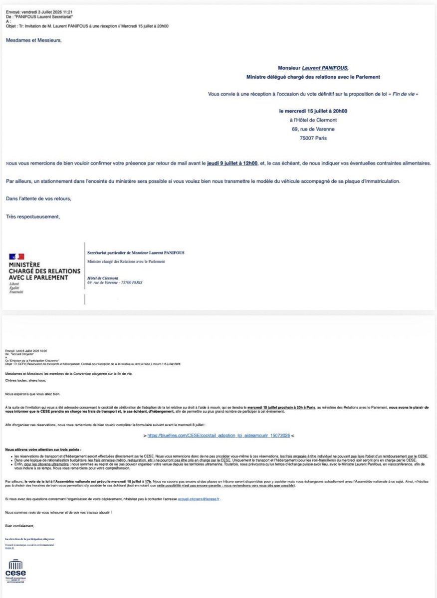 VictorSinclair3's tweet photo. Coucou @LPanifous 
Apparemment ce document divulgué par Barnerias montre qu'il y avait effectivement un petit pince-fesse organisé le 15 Juillet à l'hôtel de Clermont pour fêter l'adoption de la loi euthanasie avant même qu'elle soit votée.
Si c'est vrai, c'est pornographique !!! https://t.co/ivRQa7shs6