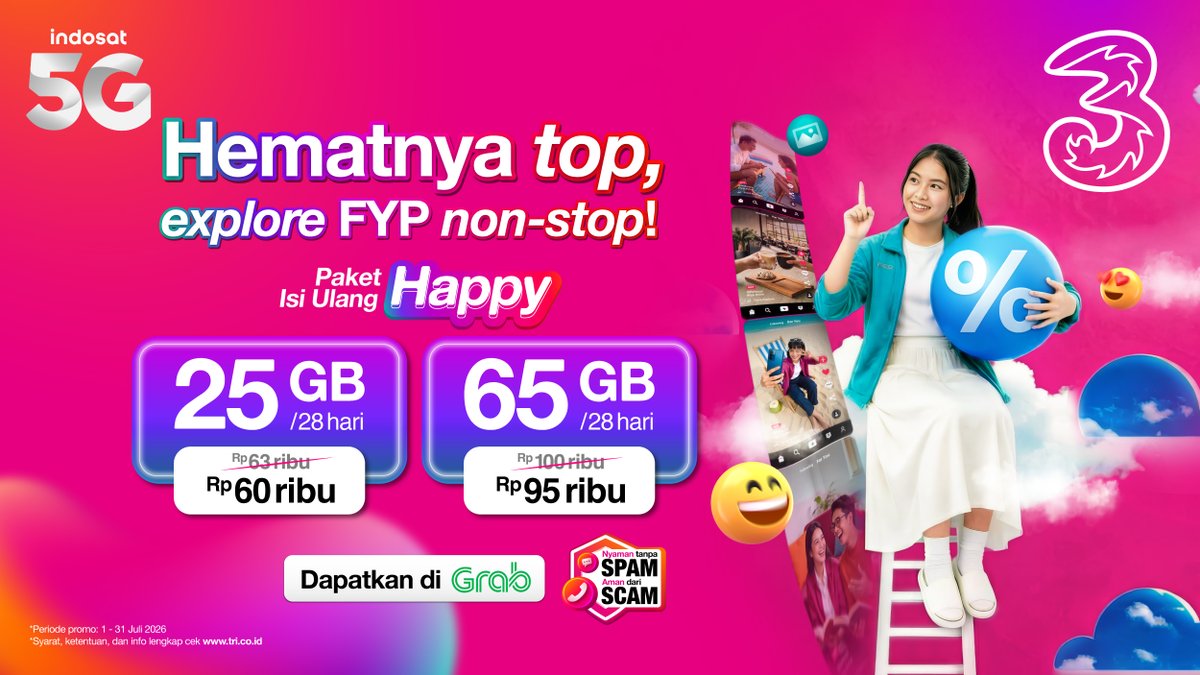 triindonesia's tweet photo. Suka ragu buka media sosial lama-lama karena takut kuota gampang habis? Awas, nanti kamu ketinggalan trend yang lagi FYP lohh 😌

Supaya scroll kamu tetap aman, mending beli isi ulang Paket Happy kamu dulu di Grab atau klik https://t.co/DtA2S3ST18.

#LebihHematSinyalLancar #5GIndosat #IniWaktunyaKita