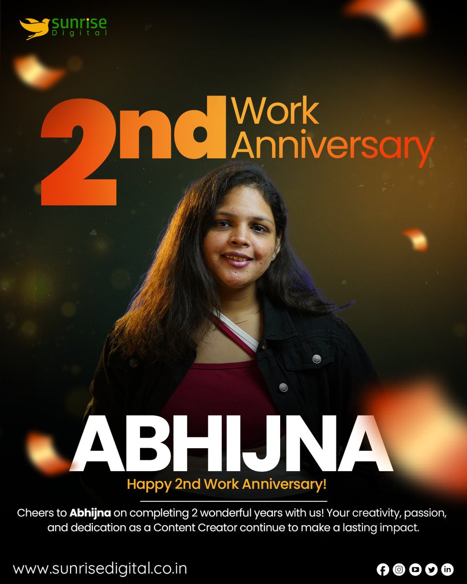 SdmBangalore's tweet photo. 🎉 Happy 2nd Work Anniversary! ✨
Thank you for your dedication, hard work, and commitment over the past two years. 
Wishing you continued success, growth, and many more milestones with Sunrise Digital! 🌟

#sunrisedigital #HappyWorkAnniversary #WorkMilestone https://t.co/IhmCntaJXv