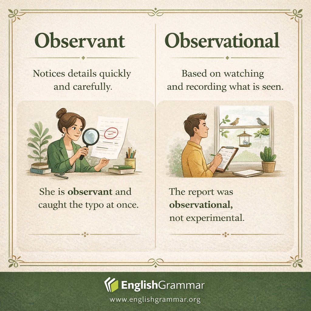 GrammarUpdates's tweet photo. Observant vs. observational: what is the difference? https://t.co/GzpVe6EOwW