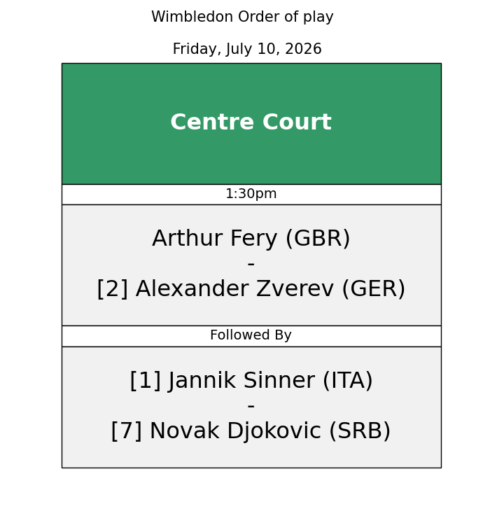 SchedulesTennis's tweet photo. Wimbledon Order of play - Friday, July 10, 2026 https://t.co/O7L7fHkQ99
