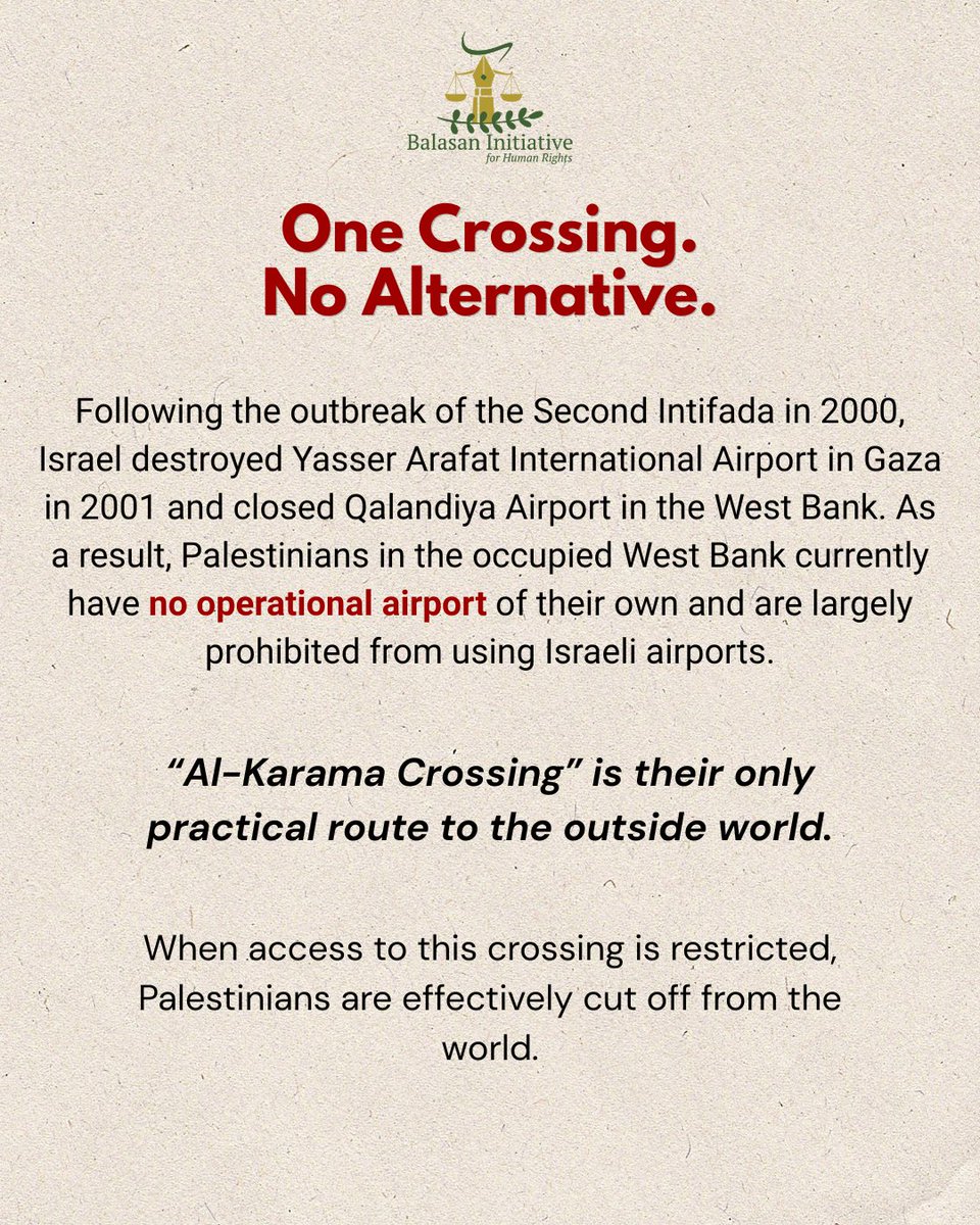 BalasanR's tweet photo. On July 8, 2026, BIHR submitted an urgent appeal to UN Special Procedures on restrictions on freedom of movement and the degrading treatment of Palestinian travelers at "Al-Karama" Crossing. Read the full appeal: https://t.co/JeWJKQMqvN https://t.co/2w9pRO4dEu
