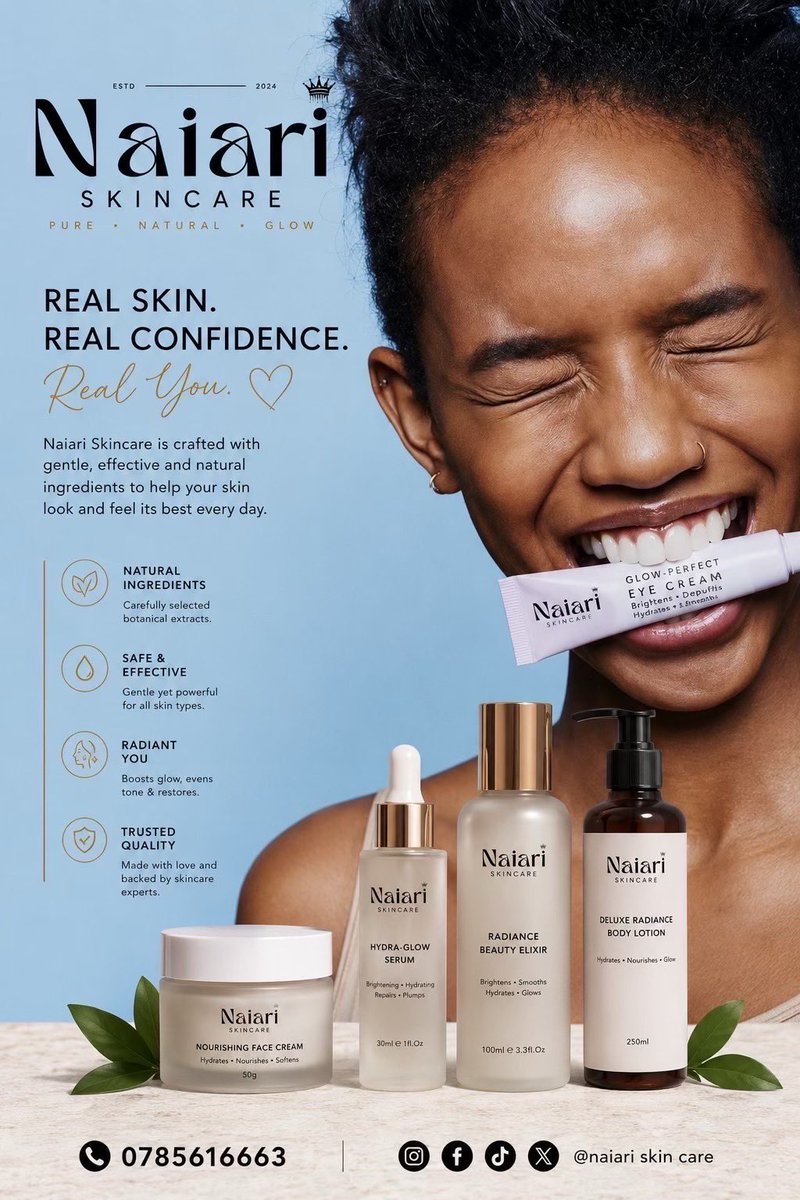 NaiariSkin's tweet photo. We are crafted with gentle , effective and natural ingredients to help your skin look and feel is best everyday 
Just WhatsApp us 0785616663
PURE NATURAL GLOW 
REAL SKIN REAL CONFIDENCE REAL YOU ! 
#Naiariskincare https://t.co/iBfofF2OgR