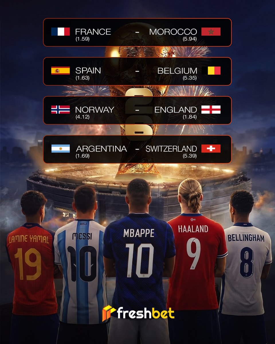 CasinoFreshbet's tweet photo. 🏆 QUARTER-FINALS GIVEAWAY 🏆 

Predict all four regular time outcomes in the comments! (Win or Draw)
3 random correct answers will win a $20 FREEBET each! 💰

Rules:🔄 Repost this post

💬 Comment your 4 match outcomes + your username BEFORE the first kickoff (e.g., France, Spain, England, Argentina + Username)

1️⃣ Only ONE prediction comment per user is allowed

🚫 Edited comments will not count!

Winners will be revealed 48 hours after the final whistles. ⏳

P.S. Don't forget our massive $48,000 World Cup Leaderboard is live on-site! Just place World Cup bets (min odds 1.30) to stack points and chase the $10,000 top cash prize until July 20th! ⚽