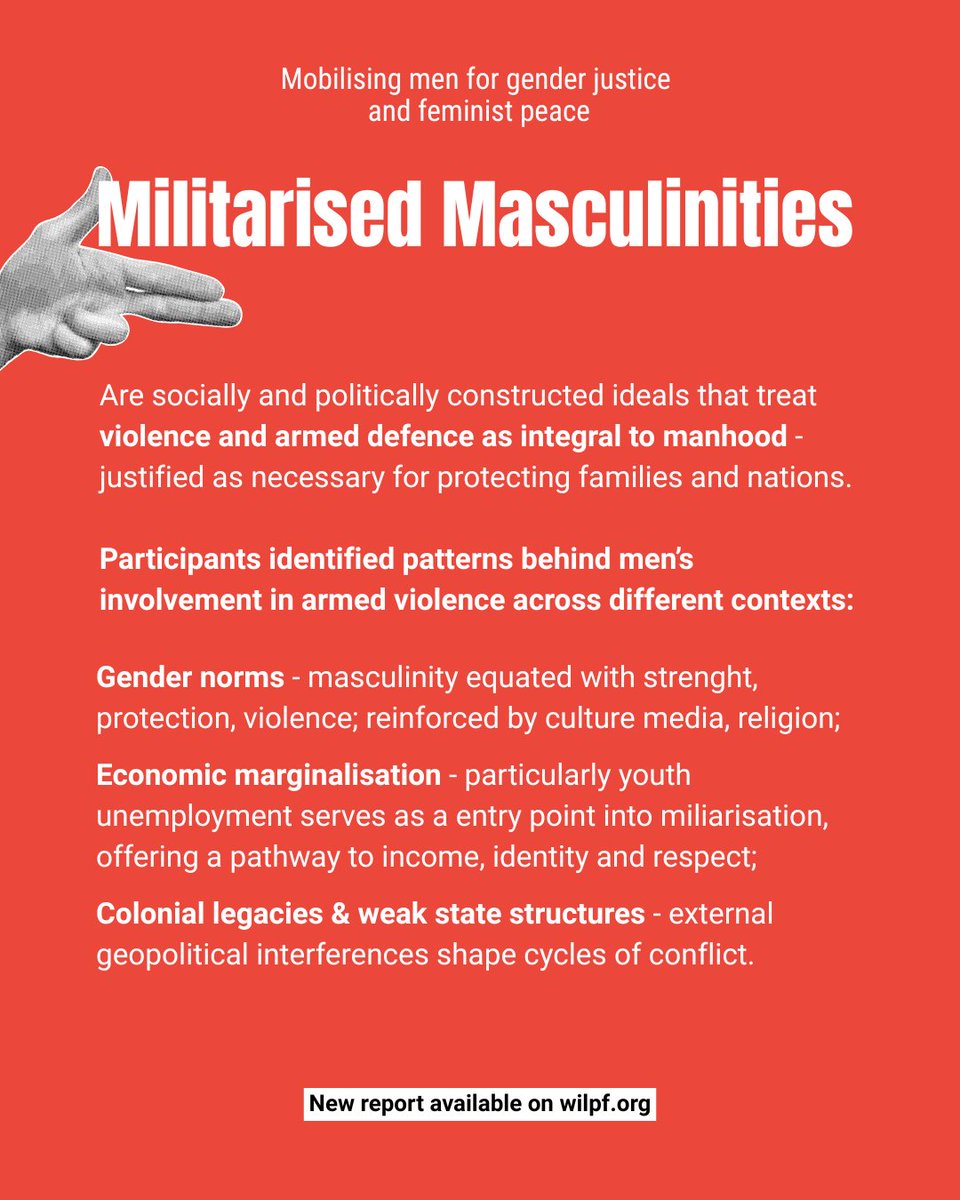 WILPF's tweet photo. New report 📢 Reimagining Peace: Mobilising Men for Gender Justice and Feminist Peace

"Power in the context of masculinities is not just something men exercise. It's also something many men are trapped within."

Drawing on a regional learning exchange in Nairobi with participants from 14 countries, this report unpacks how militarised masculinities drive and are driven by conflict and violence.

📖 Read the full report on https://t.co/UeryVyFKUI

#FeministPeace hashtag#GenderJustice hashtag#WomenPeaceSecurity hashtag#Peacebuilding hashtag#Demilitarisation