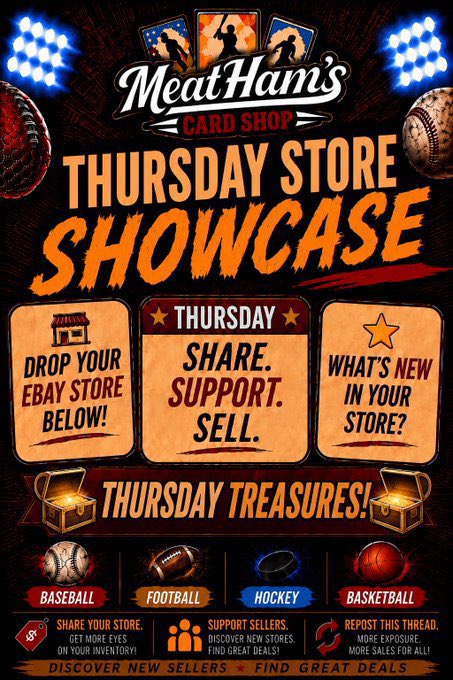 Gbpoker0710's tweet photo. 🚨 THURSDAY STORE SHOWCASE! 🚨

Drop your eBay store below! 👇

Let’s get some fresh eyes on everyone’s inventory! 👀

🤝 Follow a few sellers.
❤️ Like a few listings.
🔄 Repost this thread.

SHARE. SUPPORT. SELL.

I’m working toward 1,000 followers and appreciate every bit of support! 🚀

#THFPro #TheHobby #TTBCrew #TheHobbyFamily #eBaySeller #ebay #sportscardsforsale