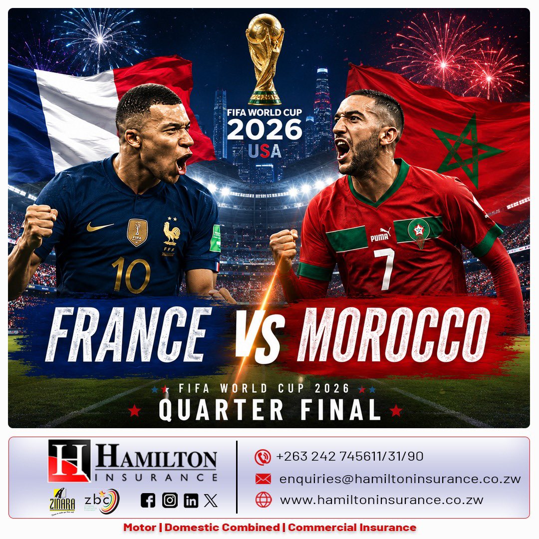HInsuranceZW's tweet photo. ⚽🔥 FIFA World Cup 2026 Quarter-Final

🇫🇷 France 🆚 🇲🇦 Morocco
🕙 Kick-off: 22:00

Football's biggest stage continues with a blockbuster quarter-final as France and Morocco battle for a place in the semi-finals.

💬 Share your score prediction in the comments! #HamiltonInsurance https://t.co/FrT0izmDTo