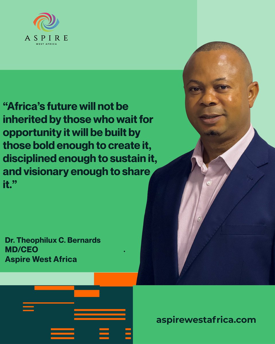 AspireWestAfric's tweet photo. Africa’s tomorrow won’t be handed to us — it will be created by those bold enough to step forward today.

Ideas are only the beginning. True transformation happens when vision meets courage, consistency, and the drive to build something that outlives us.

At Aspire West Africa, we are committed to raising a generation that doesn’t just dream, but delivers. Through Project GAMMA, we are connecting leaders, empowering innovators, and opening doors for those ready to shape the future of our continent.

In the words of Dr. Theophilux C. Bernards: “Africa’s future will not be inherited by those who wait for opportunity; it will be built by those bold enough to create it, disciplined enough to sustain it, and visionary enough to share it.”

The question is no longer if the future will change — it’s who will rise to build it.

Are you ready to be part of that story? 👇

#AspireWestAfrica #ProjectGAMMA #AfricaForward #Leadership #Innovation