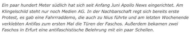 maxmannhart's tweet photo. Die linksextreme Szene hat einen martialischen Gewaltaufruf gegen Journalisten von Apollo News und Nius in Kreuzberg veröffentlicht. 

Unter genauer Veröffentlichung der Lage der Räume ruft man dazu auf, zu recherchieren wo unsere Mitarbeiter „nach Feierabend hingehen“. Man solle uns das Leben hier „zur Hölle machen“ - „jede Aktion“ sei notwendig. 

Der Angriff auf unsere Reporter wurde als „antifaschistische Belehrung mit ein paar Schellen“ gefeiert. 

Der Staatsschutz ist eingeschaltet.