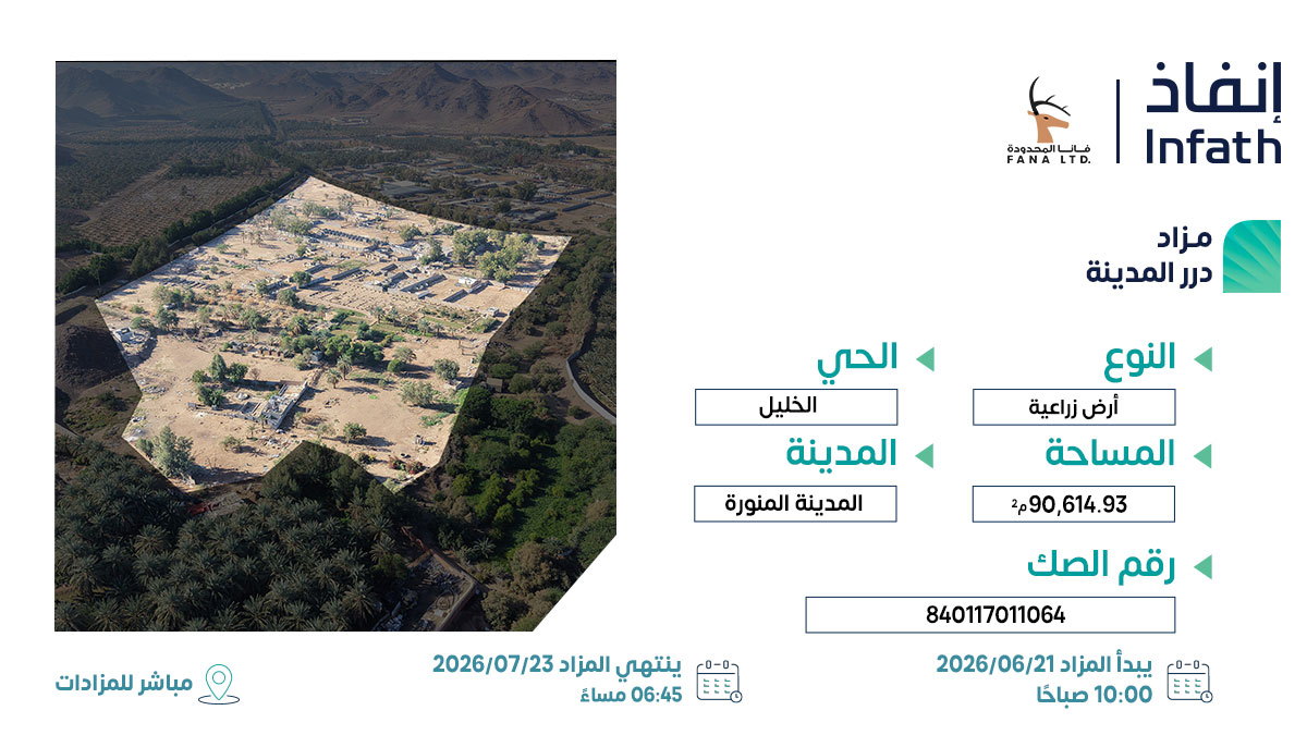fanaltd's tweet photo. فرصتك القادمة أقرب مما تتوقع.. أرض زراعية خصبة بمزايا فريدة
تطرح شركة فانا المحدودة فرصة تملك أرض زراعية مميزة في حي الخليل بالمدينة المنورة، ضمن 13 فرصة فريدة تنتظرك بمزاد درر المدينة.
 
يُقام المزاد تحت إشراف مركز الإسناد والتصفية (إنفاذ) وبقرار من محكمة التنفيذ.
 
تمت الموافقة على إقامة المزاد العقاري من الهيئة العامة للعقار
رقم الموافقة على إقامة المزاد العقاري: 7781
 
يبدأ المزاد يوم الثلاثاء 21 يوليو 2026 الساعة 10:00 صباحًا
وينتهي يوم الخميس 23 يوليو 2026 بين الساعة 03:30 مساءً إلى الساعة 45: 6 مساءً
 
المزاد سيقام إلكترونيًا عبر منصة مباشر للمزادات.
للمشاركة والتسجيل من خلال الرابط:
 
https://t.co/XdLMQ1IDOc
 
للاطلاع على كتيب المزاد وزيارة موقعنا عبر الرابط التالي:
https://t.co/NgEcs1OyJs
 
وللاشتراك في قناة مزادات فانا لمتابعة كل جديد:
https://t.co/K9gPHXWCKQ
 
رقم رخصة فال لشركة فانا المحدودة: 4200000414
@infath_sa  @InfathAuctions
#درر_المدينة #المدينة_المنورة #السعودية #عقارات #مزادات #فانا #إنفاذ