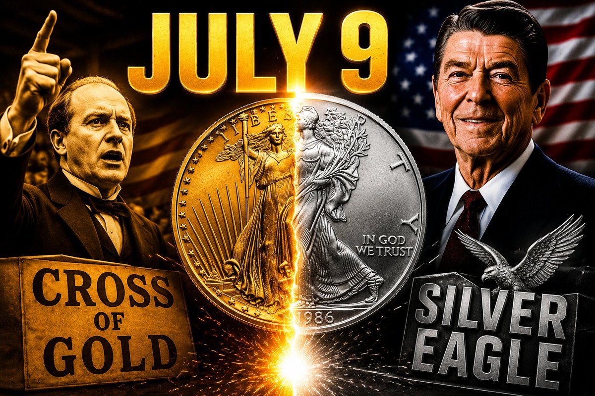 IntlStacker's tweet photo. 🚨This Day in Sound Money History — July 9!🪙

🥈1985 — President Reagan signed Public Law 99-61 (Liberty Coin Act), authorizing the American Silver Eagle — America’s official 1 oz .999 fine silver bullion coin!

👉The first Silver Eagle would be struck on October 29, 1986!

⚖️1896 — William Jennings Bryan delivered his iconic "Cross of Gold" speech at the Democratic National Convention, passionately advocating for "free & unlimited coinage of silver," while attacking the gold standard!

🥇Gold standard supporters: Only gold should back the dollar. They argued this would keep money stable & limit inflation.

🥈Free silver supporters: Gold & silver should both be coined freely. They believed this would expand the money supply, create inflation, & make it easier for farmers and debtors to repay loans.

👉More than 90 years apart... the same debate is still alive today:

🔥 Should money be backed by gold & silver... or by faith in fiat currency?

🦀Crustacean Nation: Do you think America will ever return to true sound money principles? 👀

👇Drop your thoughts below!
*Not financial advice. Stay stacked!