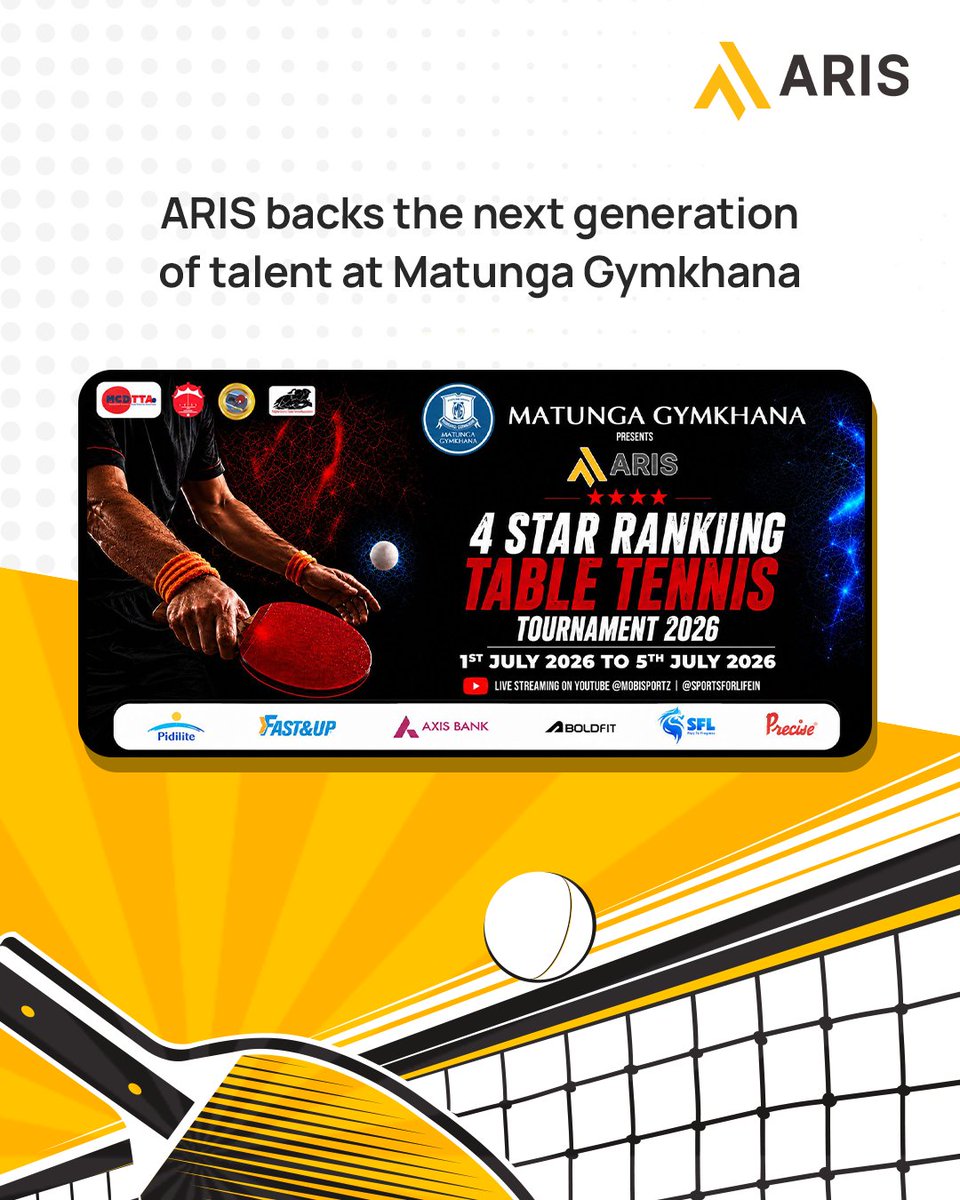 ARIS_ltd's tweet photo. Proud to share that ARIS was a sponsor of 4-Star Ranking Table Tennis Tournament, held at Matunga Gymkhana from 1st–5th July, the tournament brought together nearly 600 young participants across categories, including Boys &amp; Girls Under-10, making it a remarkable celebration. https://t.co/WMqpVSHTQ9