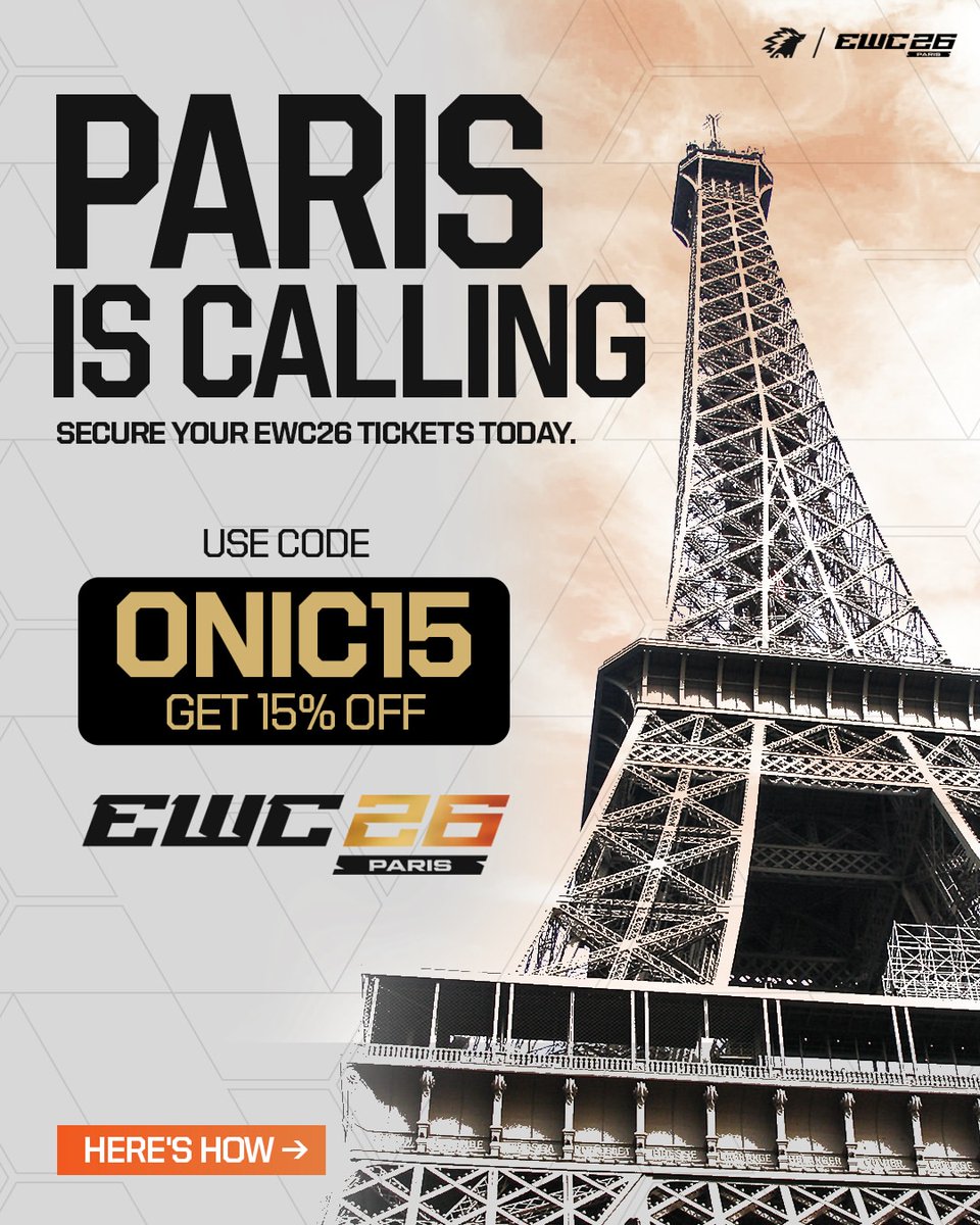 onic_esports's tweet photo. 5 ONIC divisions are waiting for you in Paris. 🇫🇷

Watch ONIC live at EWC26 and be part of the crowd!

🎟️ Get your tickets on the EWC website, choose your ONIC match, and use code ONIC15 to enjoy 15% OFF.

See you in Paris, SONIC! 🖤💛

#GOONIC #EWC26 #RoadToParis https://t.co/KIaVG3S672