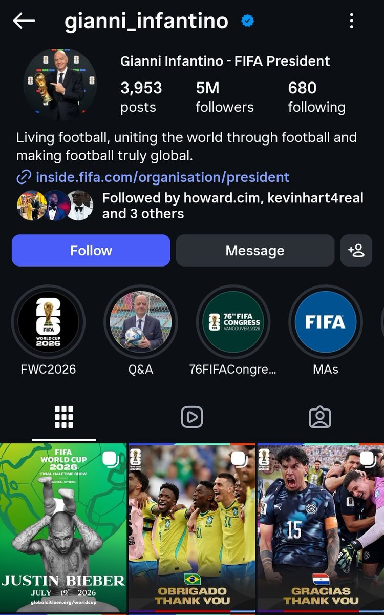 RealZConnection's tweet photo. The President of FIFA Gianni Infantino follows Messi for team #Argentina on Instagram but he doesn't follow Mohamed Salah for Team #Egypt . He's not even hiding his own bias and favoritism of who he wants to win the 2026 #WorldCup https://t.co/QwxoasLOxd
