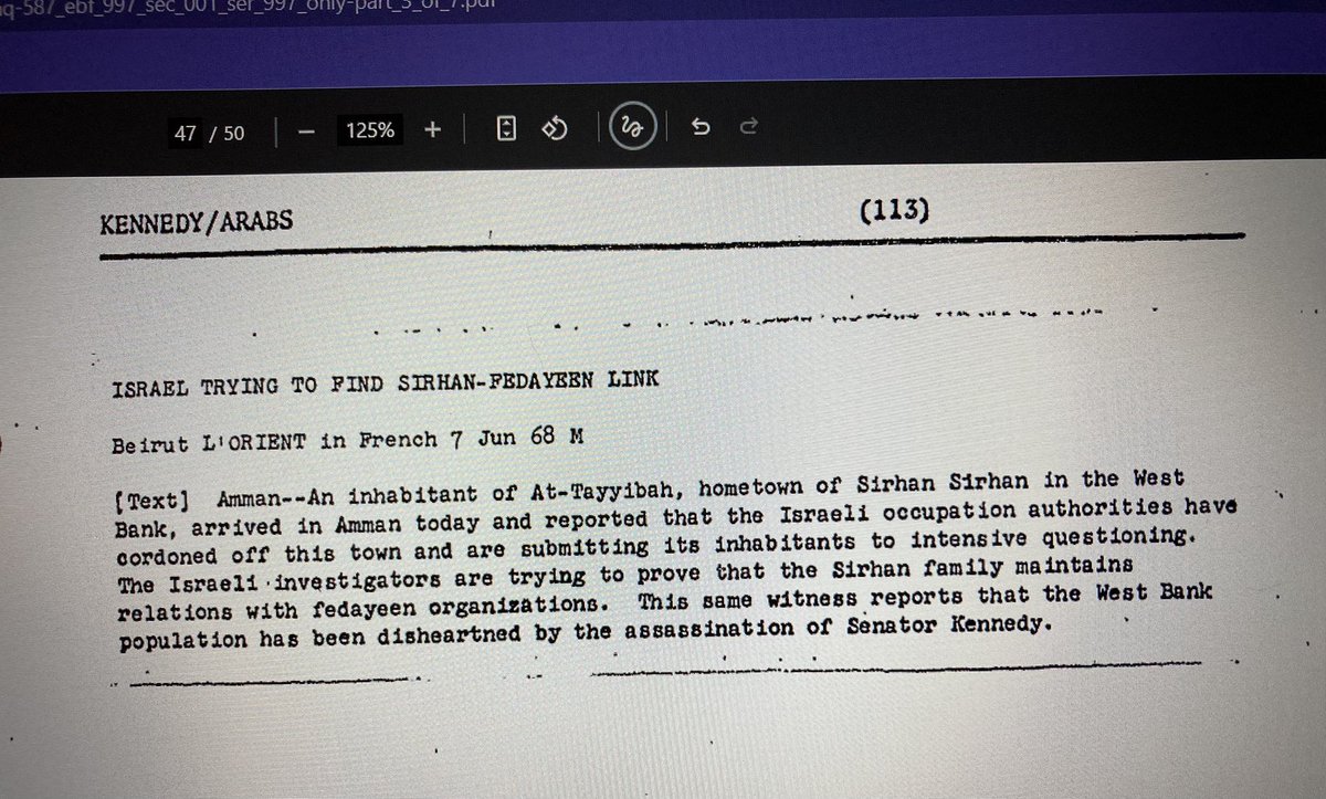 RealLoriSpencer's tweet photo. #RFKFiles: June 7, 1968 Beirut, Lebanon newspaper LāOrient (translated from French to English by CIA) reports that Israeli authorities are questioning residents of Sirhanās village in the West Bank to determine if the Sirhan family had ties to the Fedayeen terrorist organization. https://t.co/Z153IJaI7T