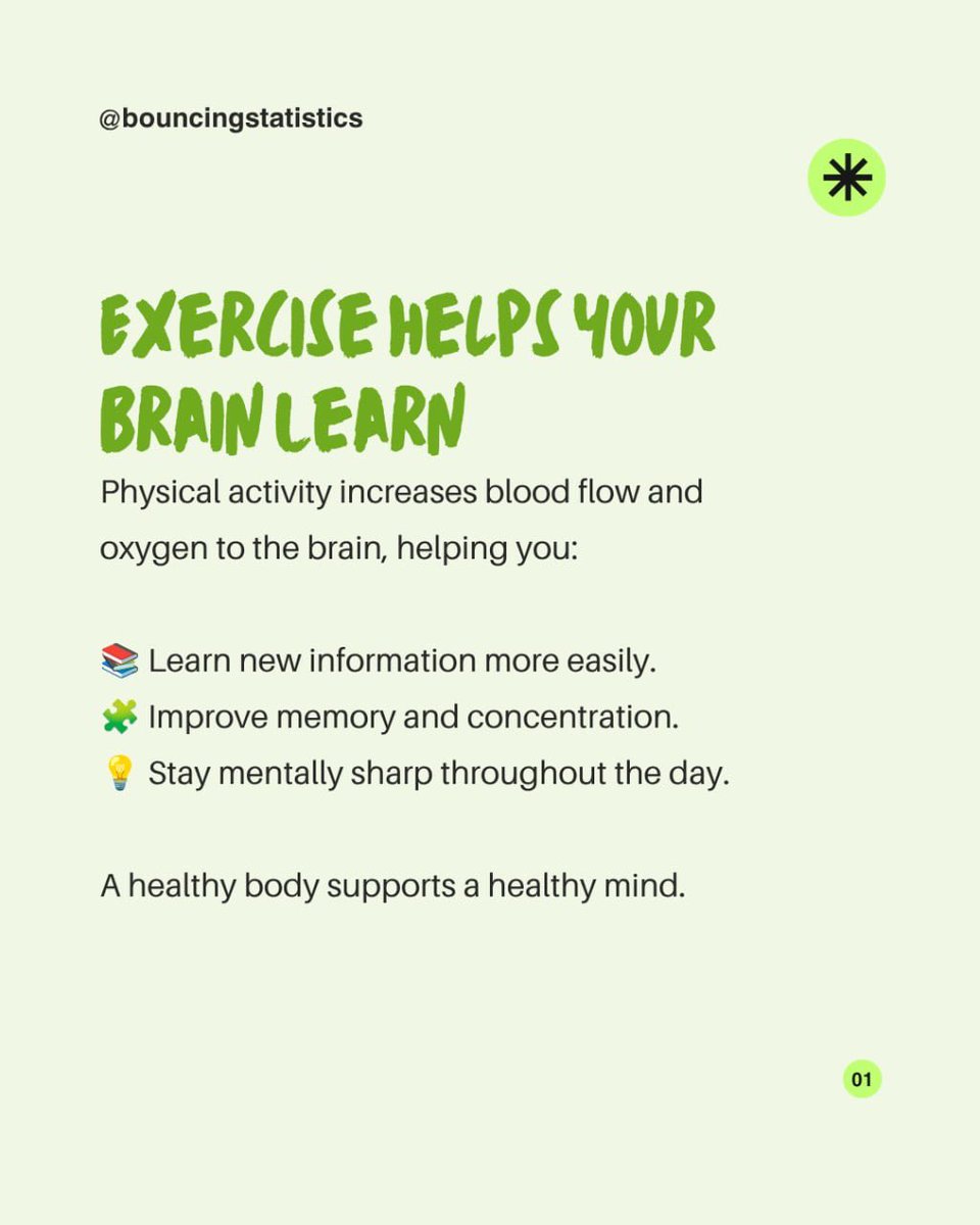 BouncingStats's tweet photo. 🏃‍♂️📚 Your brain loves to move.

Exercise does more than keep you physically healthy. It can improve focus, strengthen memory, reduce stress and give you the energy to learn more effectively.

Taking care of your body also means taking care of your mind.

#Education https://t.co/uSViFFOTuE