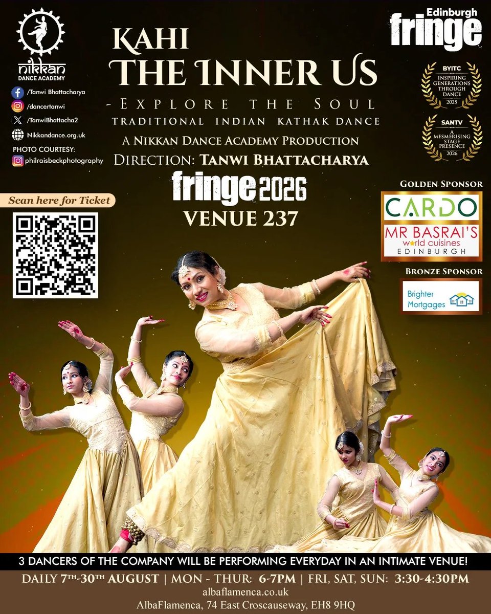 TanwiBhattacha2's tweet photo. Still feels like a dream! ✨ Honoured to perform at @edfringe with Kahi: The Inner Us – Explore the Soul. Grateful to my gurus, students, family and everyone who made this possible. ❤️

#EdFringe2026 #Kathak #TheInnerUs https://t.co/vC4EZeef2i