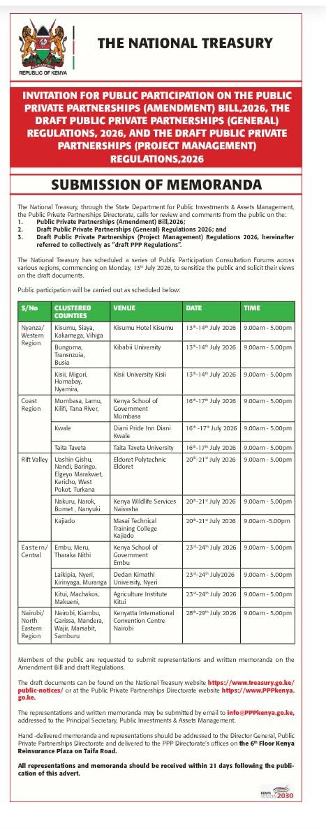 elijah2495's tweet photo. 📢 Have your say on the future of Public-Private Partnerships in Kenya! 

📅 Join public participation forums across the country from 13–29 July 2026 and help shape Kenya's PPP legal and regulatory framework. # @EngKefaSeda 

https://t.co/ov2UKHArx6 https://t.co/z47h0s7aTw