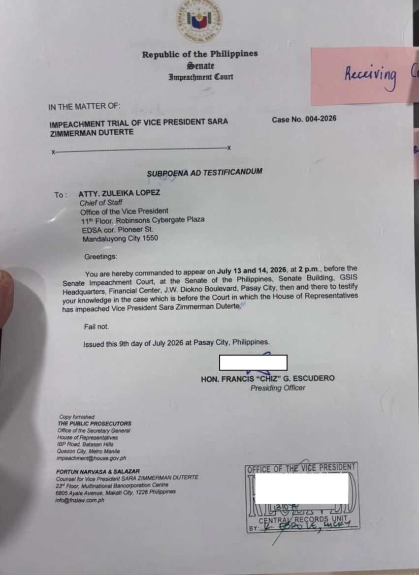 inquirerdotnet's tweet photo. LOOK: The Senate impeachment court issued a subpoena ad testificandum to Vice President Sara Duterte’s chief of staff, Atty. Zuleika Lopez. #VPonTrial | 📸: Senate Impeachment Court Spokesperson Atty. Reginald Tongol via @keithcINQ https://t.co/2aQc3igpAJ