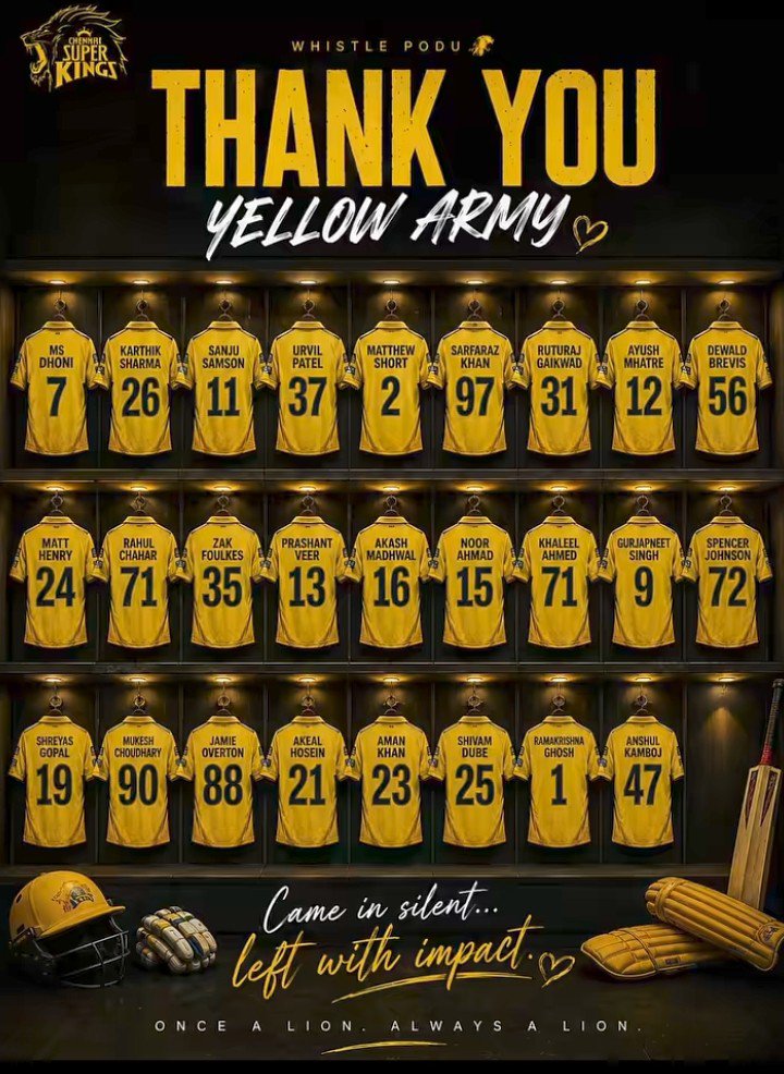 msdforlife07's tweet photo. No matter what scoreboard said, my heart will always beat yellow. This season gave us hope, emotions,and reason to smile even on the toughest days. Some seasons end with trophies, some end with tears, but the love for CSK never changes.

Thankyou @ChennaiIPL https://t.co/BWmQlwSgmV