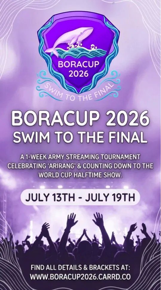 breaktheesystem's tweet photo. BORACUP 2026 🥳

Join in as we celebrate ARIRANG era!
BORACUP turns your streams into a tournament experience. No matter which team you join, be prepared to SWIM TO THE FINAL.

July 13 - July 19

#BORACUP2026
#SWIMToTheFINAL https://t.co/9eVQ2phLwS