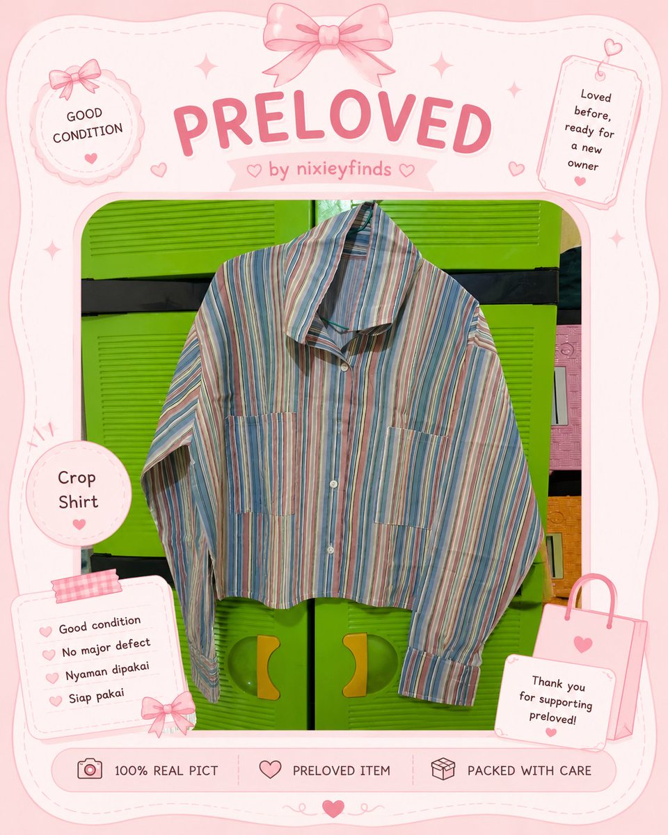 nixieyfinds's tweet photo. 🎀PRELOVED🎀
Kemeja crop garis-garis dengan warna yang super gemas dan gampang dipaduin buat OOTD harian. ✨🤍

💸 ONLY 20K! 😳✨
Murah banget, tapi stok cuma satu yaa. Siapa cepat, dia dapat! 🛍️

#preloved #prelovedmurah #cropshirt #nixieyfinds https://t.co/Bce6p6lKQ1