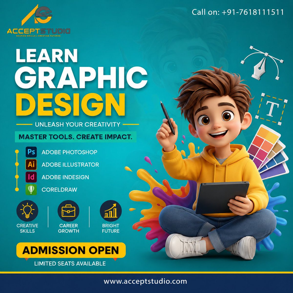 AcceptStudio's tweet photo. Admissions are now open for our Graphic Design Course at Accept Studio Academy.
Learn industry-standard design tools and gain practical skills that help you build a professional portfolio and prepare for creative career opportunities https://t.co/uSs8IjTUow