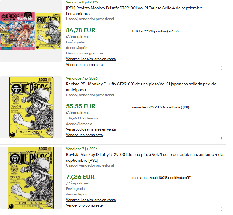 inversorBetico's tweet photo. El 11 de junio compré 40 unidades de One Piece Magazine Vol. 21 a 28,80€ cada una.

Inversión total: 1.152€

Hoy, 9 de julio, las últimas ventas en eBay están saliendo entre 70€ y 85€ por unidad contando envío.

En menos de un mes, la posición ya estaría entre +143% y +194% según las últimas ventas comparables.

Y esto puede ser solo el principio.

Mi tesis:

Raw: ~150€
PSA 10: ~300€

El TCG no es solo abrir sobres y perseguir hype.

También puede ser encontrar ineficiencias, entender oferta/demanda y comprar antes de que el mercado despierte.

¿Burbuja o alpha? 👀