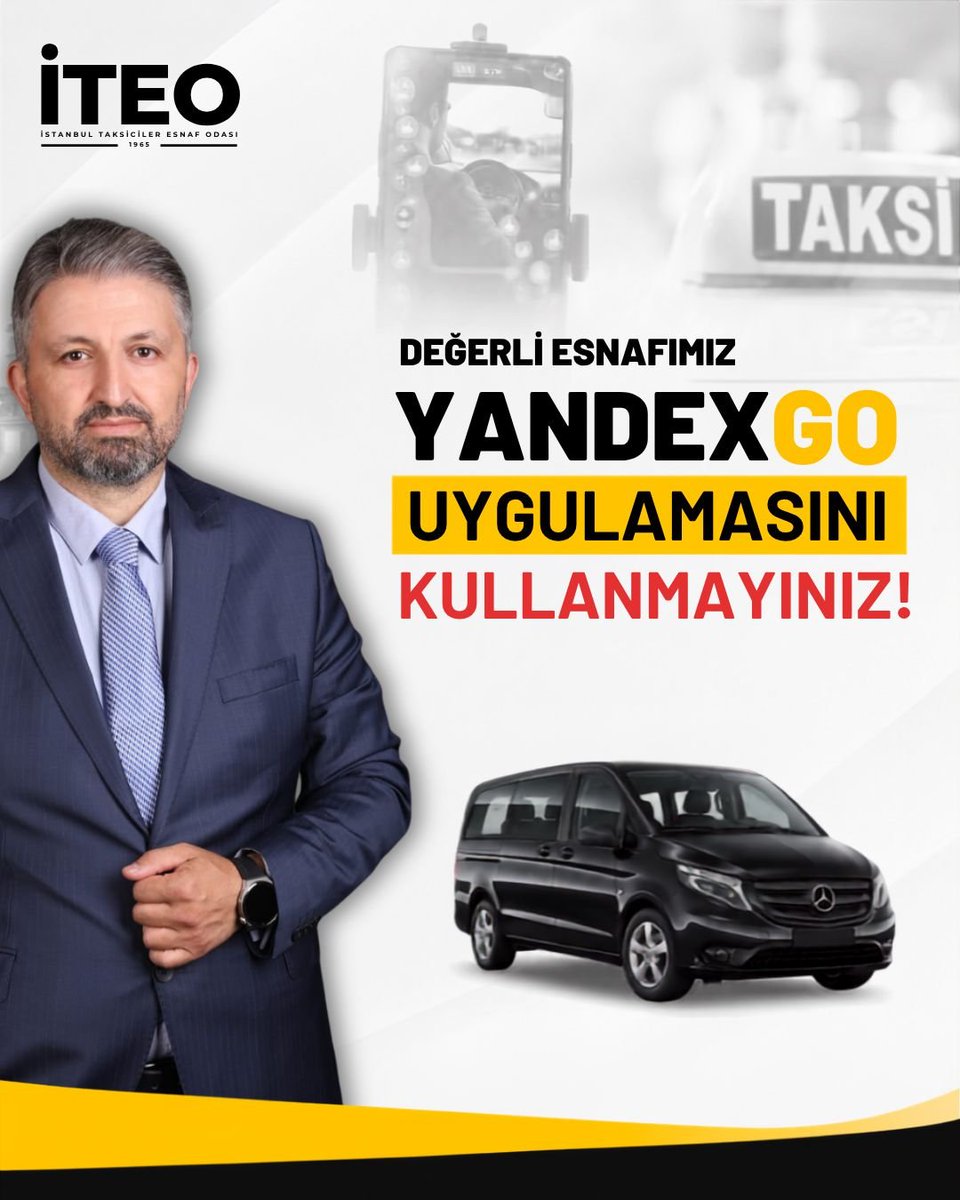 iteo34's tweet photo. Değerli Taksi Esnafımız, 

Günlerdir esnafımıza YANDEXGO uygulamasının KULLANILMAMASI ve YÜKLENMEMESİ konusunda yaptığımız uyarı ve çağrılara devam ediyoruz.

Yandexgo firmasının sosyal medya reklamlarında açıkça, TİCARİ TAKSİ HARİCİ, D2 ve TURSAB belgeli araçlarla transfer reklamları vermesi, insanları sözde Turizm adı altında korsan taksicilik yapan araçlara yönlendirmesi kabul edilemez!

Türkiye pazarına "Taksi çağırma uygulaması" olarak girip, uygulama içine Taksi harici Vito tarzı lüks araçları ekleyen YANDEXGO UYGULAMASINI LÜTFEN YÜKLEMEYİN, KULLANMAYIN, yükleyen esnaflarımız da acilen uygulamayı SİLSİN.

İSMET DALCI
İSTANBUL TAKSİCİLER ESNAF ODASI BAŞKANI

@ismetDALCI @MehmetYiginer @RTErdogan @Akparti @MHP_Bilgi @herkesicinCHP @istanbulbld @UABakanligi @ticaret