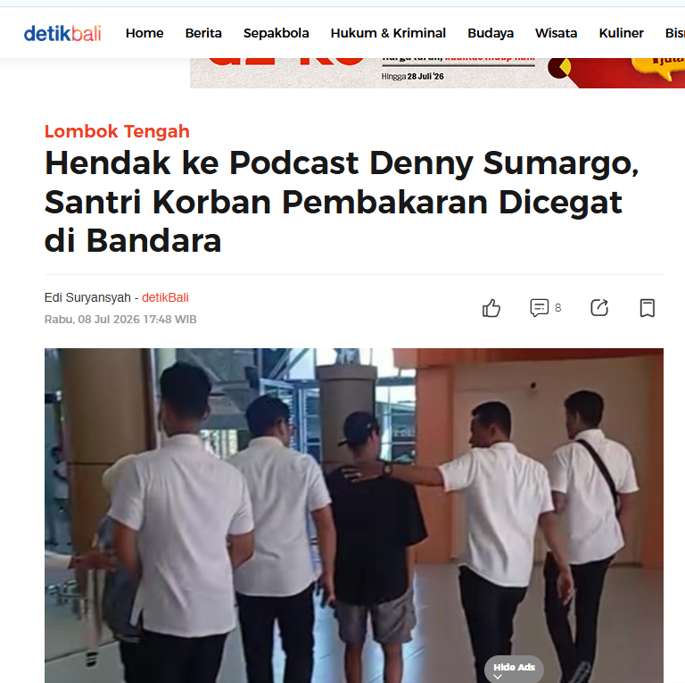 dimarsasongko98's tweet photo. Coba runut waktu kejadian ini.

Desember 2025: 3 santri dibakar teman sendiri di ponpes Lombok Tengah. Satu meninggal.

Kasusnya baru viral Mei 2026 , 5 bulan kemudian, dan cuma karena video korban nyebar sendiri di medsos. 

Bukan karena aparat gerak cepat.

Juli 2026, kasus baru mau masuk tahap penetapan tersangka.

Tepat di momen ini, dua santri korban yang masih hidup mau ke Jakarta buat cerita langsung di podcast , dan malah dicegat polisi di bandara.

Alasannya "kesehatan" dan "proses hukum belum selesai."

Oke, valid. 

Tapi anak yang jadi korban kekerasan, yang kasusnya aja butuh 5 bulan buat gerak karena viral duluan, giliran mau ngomong ke publik malah kena stop di bandara oleh institusi yang sama yang lambat nanganin kasusnya dari awal.

Perlindungan korban itu untuk siapa sebenarnya?