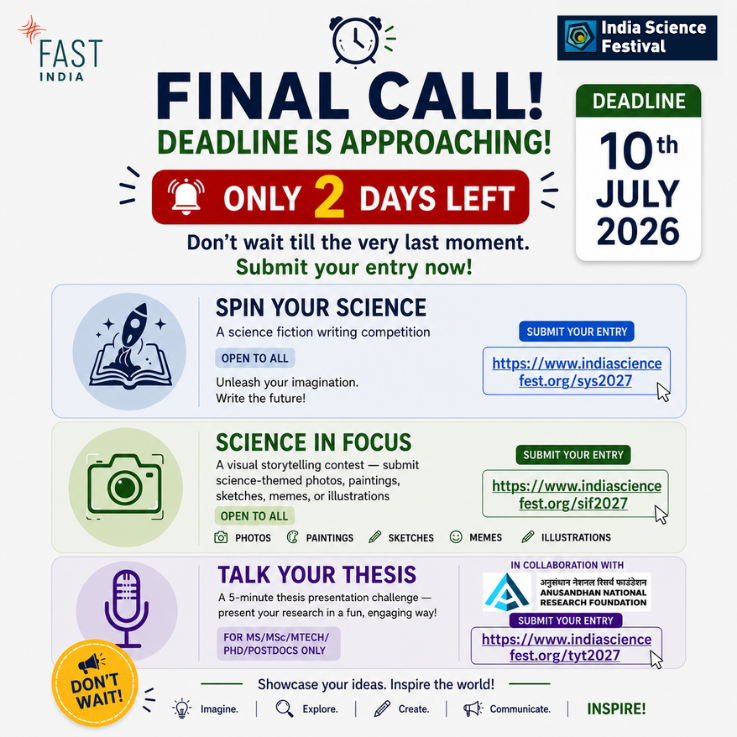 IndSciFest's tweet photo. FINAL CALL!
Applications close 10 July 2026.
Last chance to enter the #ISF2027 competition:
#SpinYourScience
#ScienceInFocus
#TalkYourThesis
Don't wait until the very last moment! Apply now and showcase your science! https://t.co/oBNuvIVBno https://t.co/ixu4d0vAzJ