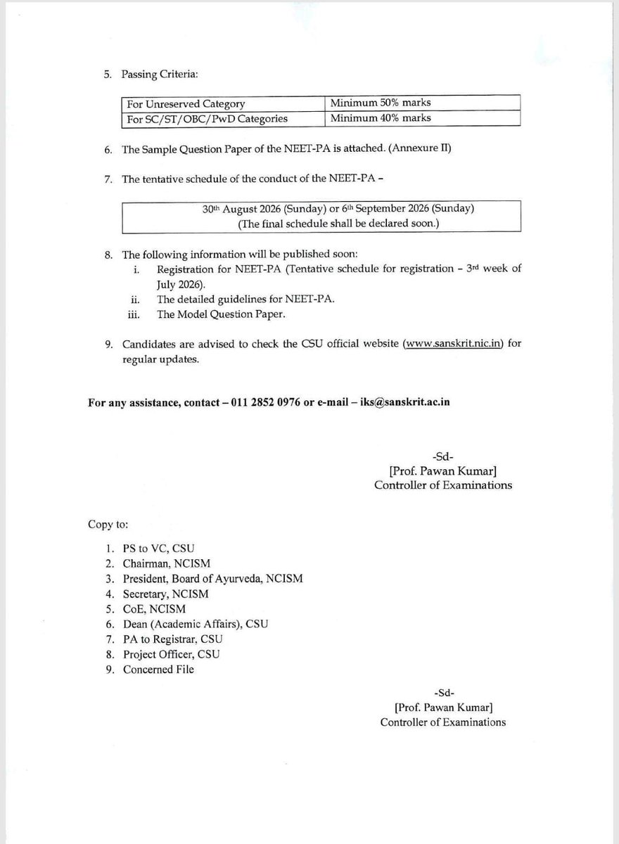 CentralSanskrit's tweet photo. 🎓 BAMS का सपना अब संस्कृत विद्यार्थियों के लिए साकार — NEET-PA के माध्यम से मिलेगा नया अवसर!

भारतीय ज्ञान परंपरा (IKS), राष्ट्रीय शिक्षा नीति (NEP-2020) एवं आयुर्वेद शिक्षा के समन्वय की दिशा में केंद्रीय संस्कृत विश्वविद्यालय ने शैक्षणिक सत्र 2026–27 हेतु राष्ट्रीय पात्रता-सह-प्रवेश परीक्षा – प्री आयुर्वेद (NEET-PA) की अधिसूचना जारी कर दी है।

अब संस्कृत सहित किसी भी मान्यता प्राप्त बोर्ड से 10वीं उत्तीर्ण विद्यार्थी NEET-PA के माध्यम से प्री-आयुर्वेद गुरुकुलम में प्रवेश लेकर BAMS (Bachelor of Ayurvedic Medicine and Surgery) की शिक्षा प्राप्त कर आयुर्वेद चिकित्सक बनने की दिशा में आगे बढ़ सकेंगे। यह कार्यक्रम NCISM से अनुमोदित है तथा केंद्रीय संस्कृत विश्वविद्यालय से संबद्ध आयुर्वेद गुरुकुलों के माध्यम से संचालित किया जाएगा।

कुलपति प्रो. श्रीनिवास वरखेड़ी के अनुसार यह पहल IKS एवं NEP-2020 की भावना के अनुरूप संस्कृत, गुरुकुल परंपरा और आयुर्वेद को एकीकृत करते हुए विद्यार्थियों के लिए नए अवसरों का मार्ग प्रशस्त करेगी।

📌 मुख्य बिंदु :
✅ ऑनलाइन आवेदन – जुलाई 2026 का तीसरा सप्ताह
✅ पात्रता – 10वीं उत्तीर्ण (निर्धारित न्यूनतम अंकों सहित)
✅ 7.5 वर्षीय समेकित कार्यक्रम (2 वर्ष प्री-आयुर्वेद + 4.5 वर्ष BAMS + 1 वर्ष इंटर्नशिप)
✅ ऑफलाइन (OMR आधारित) परीक्षा | 120 MCQs | बिना नेगेटिव मार्किंग
✅ माध्यम – संस्कृत, हिन्दी एवं अंग्रेज़ी

संस्कृत शिक्षा, आयुर्वेद एवं भारतीय ज्ञान परंपरा के समन्वय की दिशा में यह एक महत्वपूर्ण पहल है, जो विद्यार्थियों के लिए नए अवसरों का द्वार खोलेगी।

@PMOIndia @narendramodi @dpradhanbjp @moayush @EduMinOfIndia @ncism_india @IKS_Media @OfficeofPRJ @shrivarakhedi @ragamuki @ANI @PTI_News @PIB_India

#CentralSanskritUniversity #NEETPA #BAMS #Ayurveda #IndianKnowledgeSystems #IKS #NEP2020 #SanskritRevival #Gurukul #Admission2026 #Ayush #NCISM