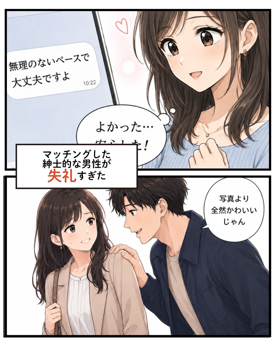 Image for the Tweet beginning: 💭ユーザーボイス漫画💭
紳士的な彼が会ったら別人みたい…！？
安心だと思っていたのに😢

後半は7/16(木)15時を予定しています💗
お楽しみに！

#Jメール 