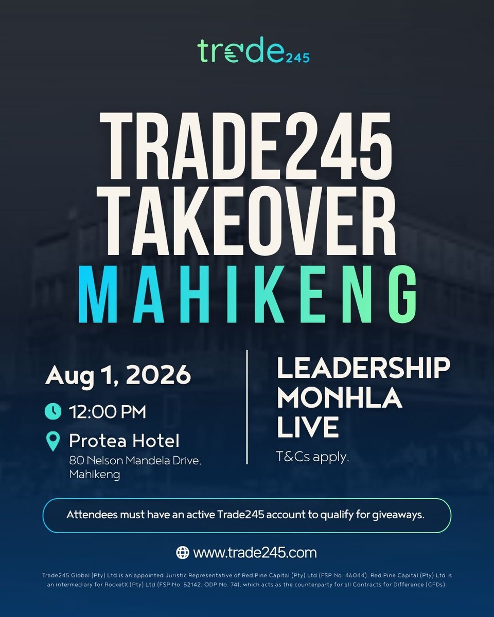 Trade245global's tweet photo. You can keep trying to figure things out on your own or sit in for a session with Leadership Monhla and hear how it’s actually approached. ⚡📊

Mahikeng, we’ll see you there!✈️💸

#Trade245 #TakeoverTour #Mahikeng #NorthWest https://t.co/jZzlPwKNFj