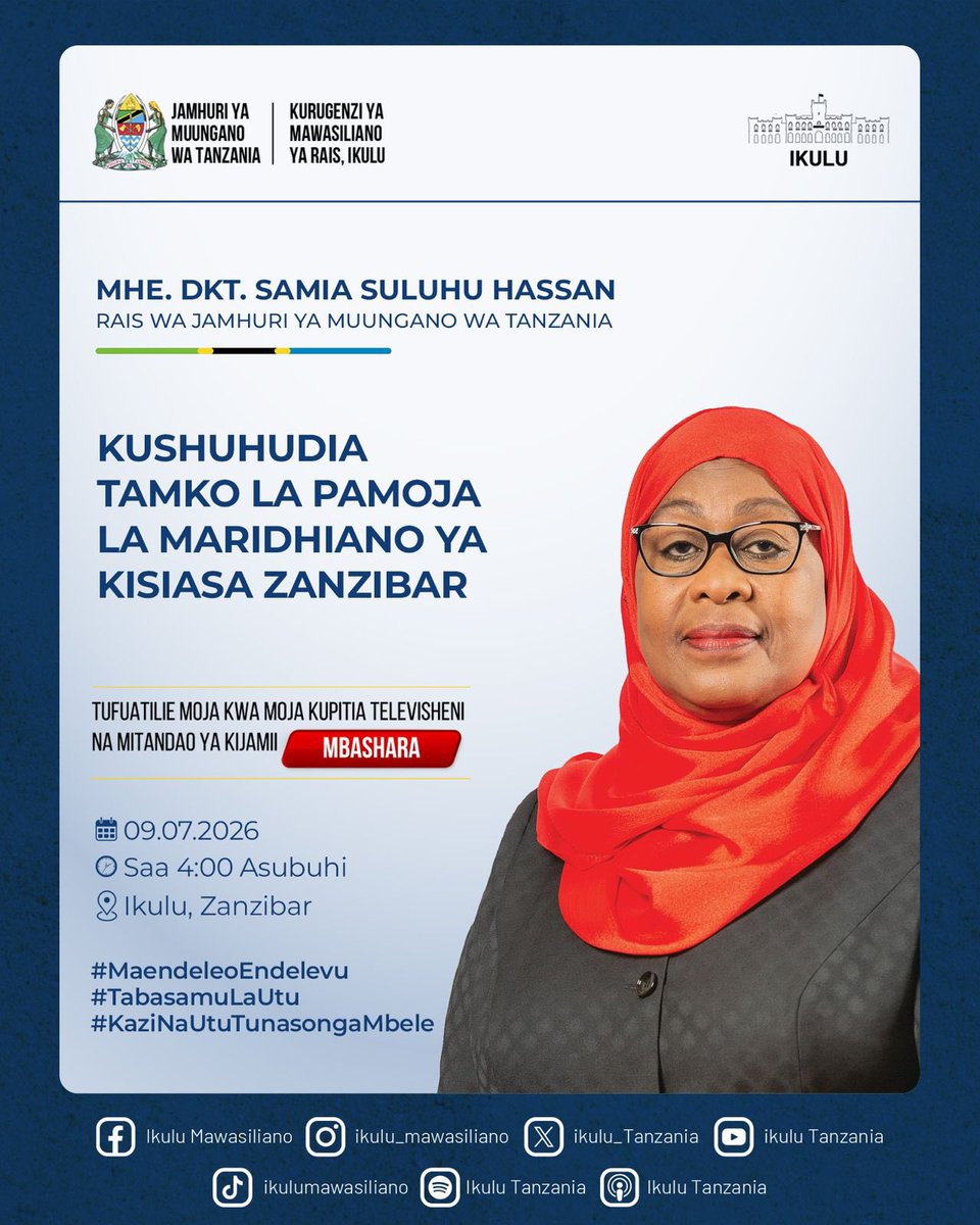 ikulumawasliano's tweet photo. Fuatilia matangazo ya moja kwa moja kupitia akaunti zetu za Instagram: ikulu_mawasiliano, Facebook: Ikulu Tanzania Facebook fanpage: Ikulu Mawasiliano, Twitter: ikulu_Tanzania Youtube Channel:
Ikulu Tanzania na Tovuti: https://t.co/wmldPXYfck
#TanzaniaYetuSote
#NchiYetuKwanza
#MaendeleoEndelevu