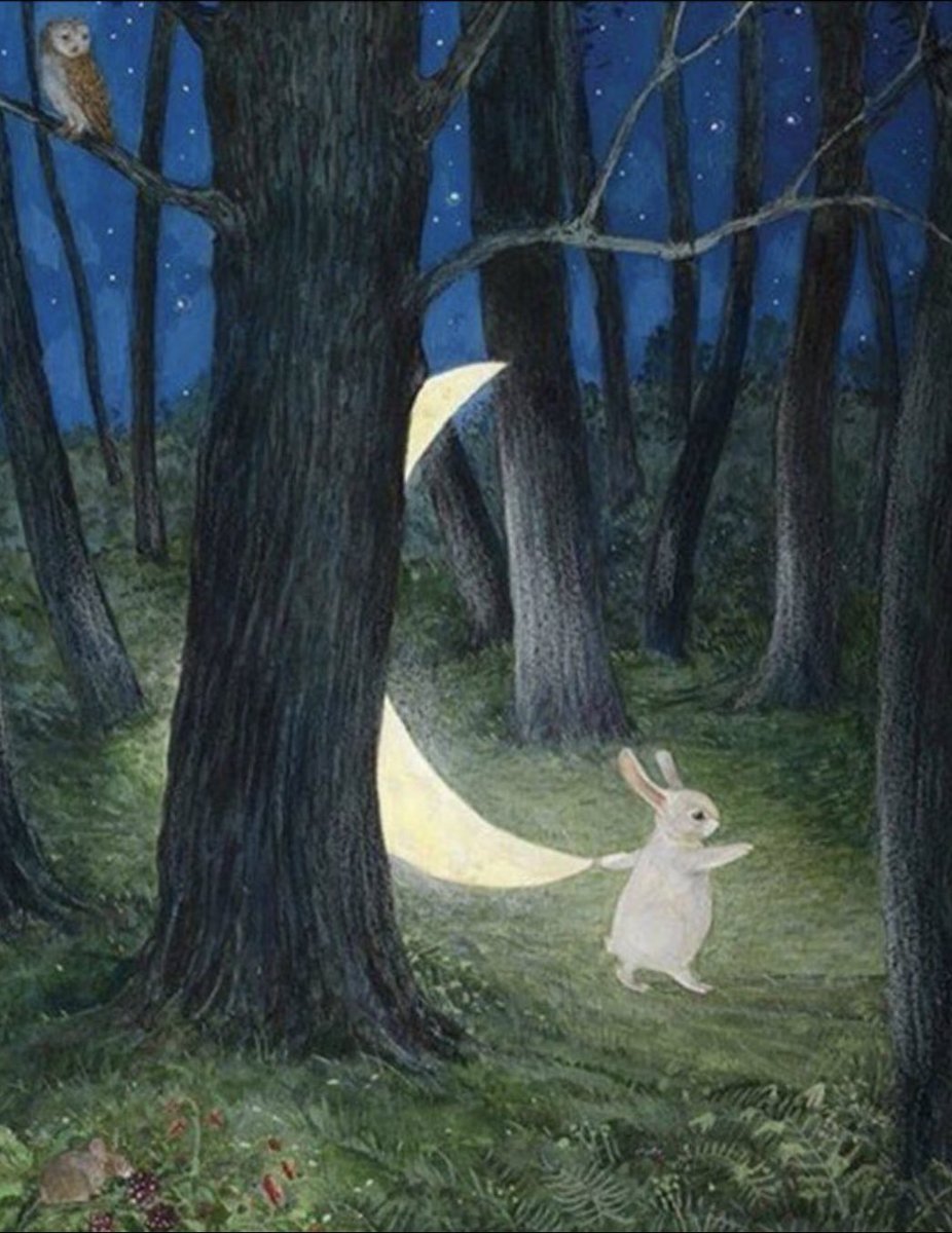 frome_maude's tweet photo. Rabbit hiding the waning moon deep in the forest. 

#NewMoon Tuesday 14 July   
#lunar #folklore #FolkloreSunday  
#Art: Feridun Oral https://t.co/fhp5gJFbuB