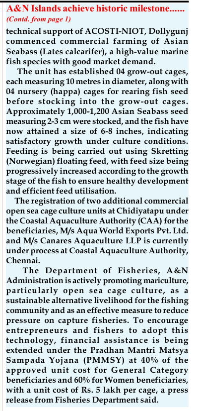 Andaman_Admin's tweet photo. #NewAndamans marks a historic milestone with the first-ever registration of a commercial #OpenSeaCageCulture farm in #India under the Coastal Aquaculture Rules, 2024 promoting sustainable, science-based #Mariculture and encourages private sector participation, investment, employment and growth of #BlueEconomy. 
Commercial farming of #AsianSeaBass has begun at #NorthBay with technical support from ACOSTI–NIOT. Registration for two more commercial open sea cage culture units at #Chidiyatapu is underway.