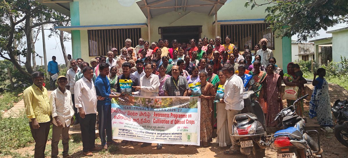 Icar_iior's tweet photo. ICAR-IIOR organized an Awareness Programme on Oilseed Cultivation under the Tribal Sub-Plan at Mannanur, Nagarkurnool, TG.

Around 200 Chenchu tribal farmers participated. Scientists shared improved oilseed technologies and distributed castor hybrid seed (ICH-5) 

#ICAR #ICARIIOR https://t.co/eWcQuiGnEz