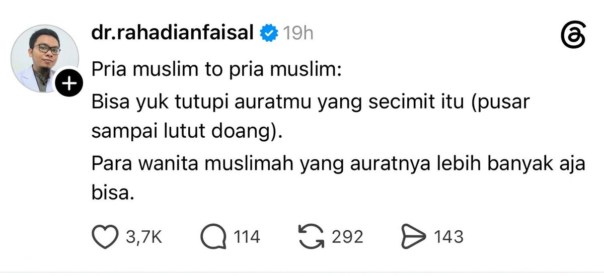 lilaccountz's tweet photo. kalo cewe yg ngomong soal aurat laki laki, mungkin ga mempan.

nih sesama laki muslim yg ngomong : https://t.co/RYG3pr9Yew