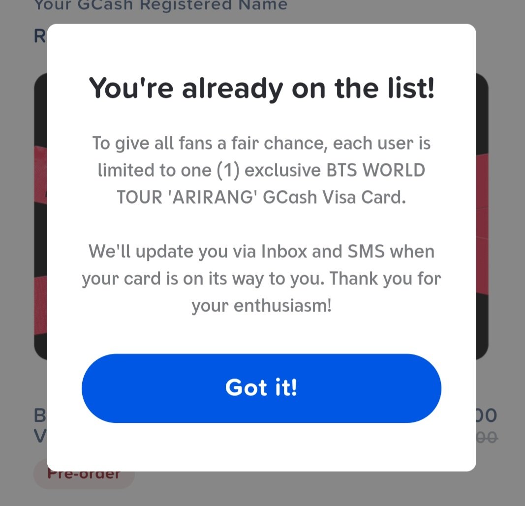 parkfilter27's tweet photo. @gcashofficial walang lumabas na successful at walang notification pero deducted po ung account ko. pero pag tinry ko umorder ng card it says you're already on the list. is it ok na po ba? https://t.co/9JrERpCHXd
