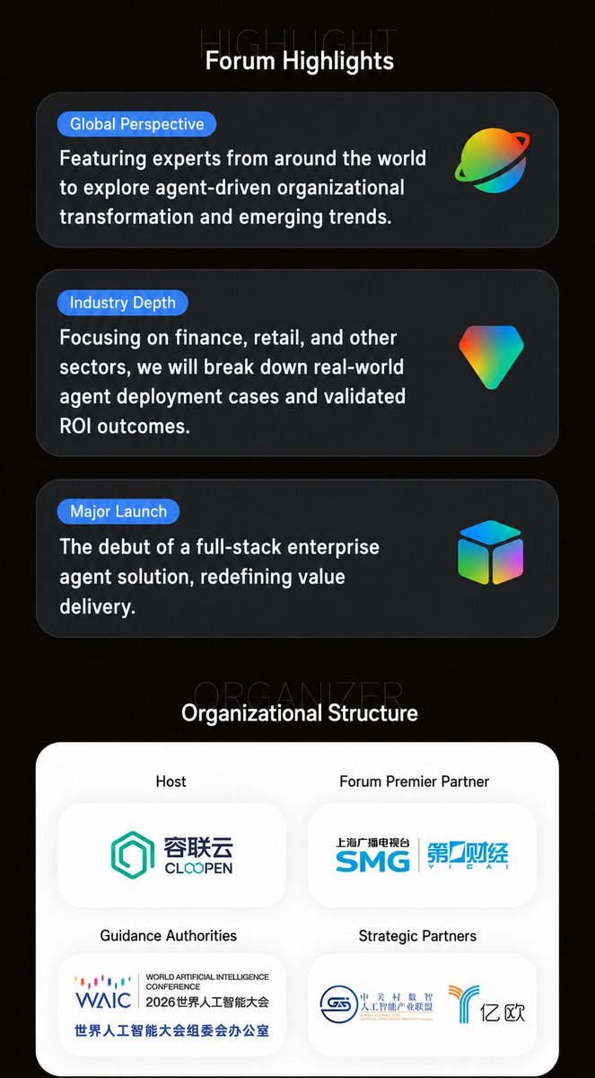 Cloopen_'s tweet photo. Cloopen at WAIC 2026 – less demo, more deployment. 🚀

July 20 | Shanghai. Real agent cases, proven ROI, full-stack launch.

We embed AI into workflows that deliver. 💡

#Cloopen #WAIC2026 #EnterpriseAI #AIAgent #ROI #AITransformation https://t.co/IOAYmoLTp9