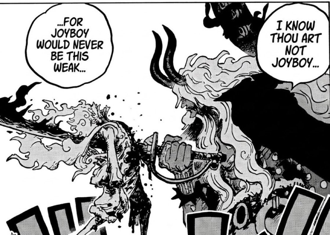 Poshestman's tweet photo. Imu with Luffy: “You’re too weak to be Joyboy”

Imu after one attack from Loki: “So you’ve returned, Nidhogg”

Loki earned Imu’s respect despite being weakened; amped Luffy was so weak that Imu went out of his way to diminish him. Loki >> Luffy is clear.

#ONEPIECE1188 #ONEPIECE https://t.co/AaB1s7vp4L