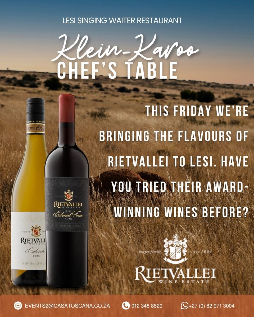 LeSiRestaurant's tweet photo. This Friday! 🍷✨

Experience the flavours of the Klein Karoo at our exclusive Chef's Table, perfectly paired with premium Rietvallei wines.

📍18:00 for 18:30 | R495 pp | Limited seating
Book now: https://t.co/csfezPEiXn https://t.co/0b3EI7Fc9P